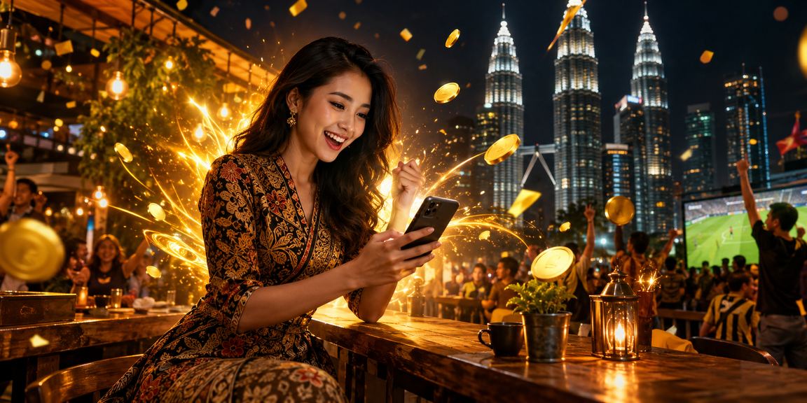 Pemain di Kuala Lumpur bermain poker dalam talian pada telefon dengan corak batik di latar belakang